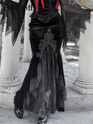 AltGoth Vintage Gothic Dark Velvet Dress Women Fairycore Grunge Lace Patchwork Trumpet Skirt Streetwear Partywear Emo Alt Skirts