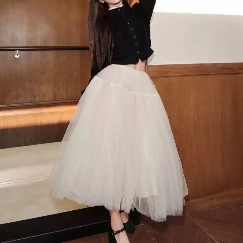 New Summer Elegant Mesh Bubble Skirt Women Fashion Sweet Elastic Waist Solid Color A-Line Party Skirts Tulle Jupe Clothing