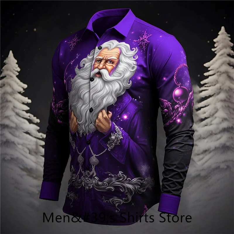 Santa Claus casual men's shirt for daily wear going out autumn and winter lapel long sleeve purple, green, burgundy