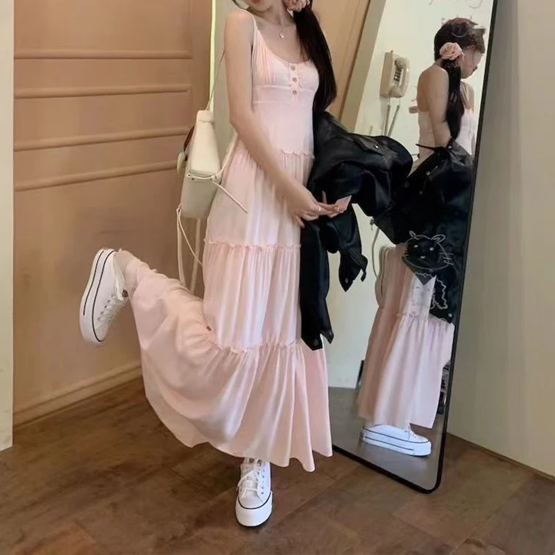 HOUZHOU Pink Cute Fairycore Midi Dresse Sweet Ruffle Casual Elegant Chic Beach Long Spaghetti Strap Button Holiday Gentle Dress