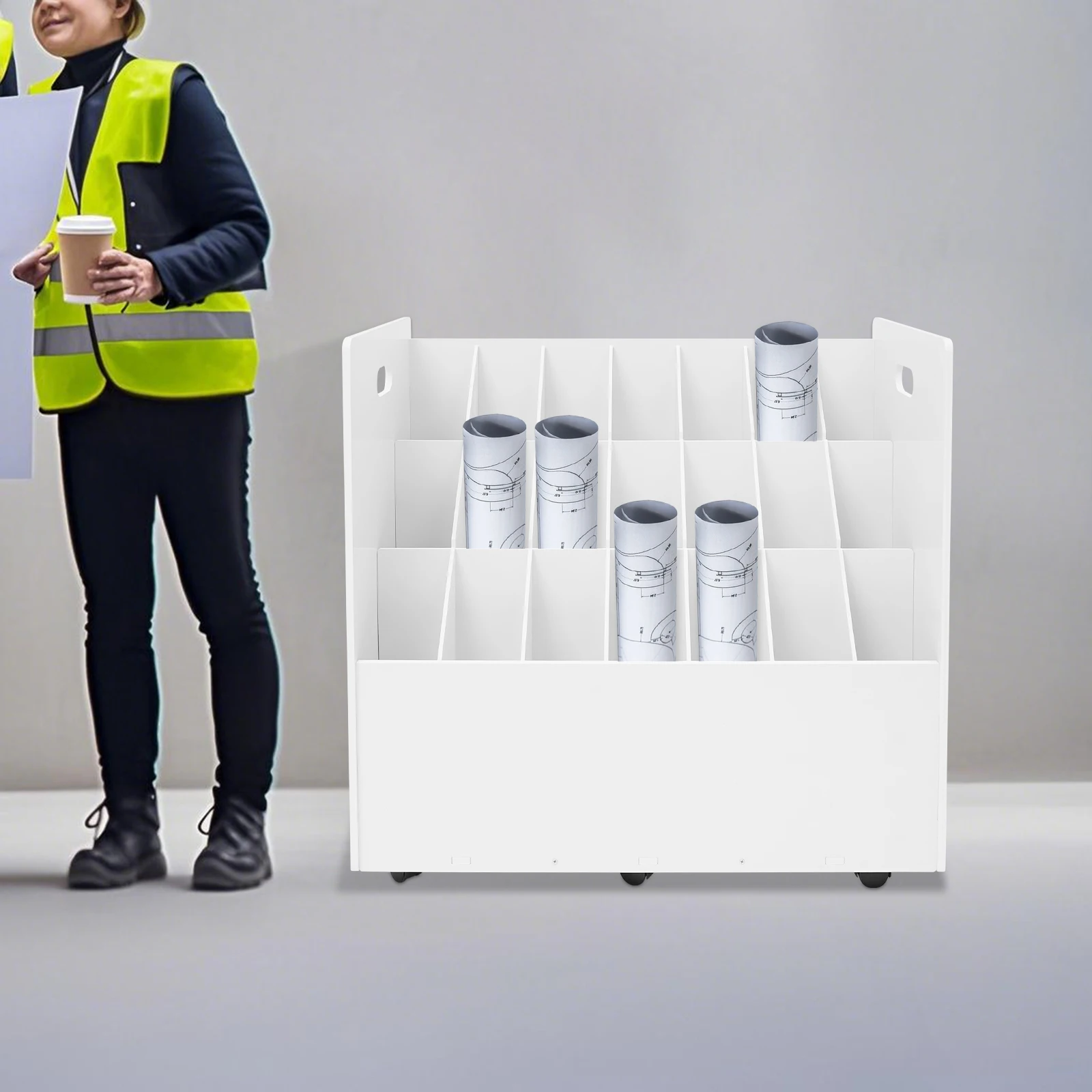 White PVC 72 * 76 * 40cm 21-slot Drawing Rack with Brake Wheel File Storage Cabinet Blueprint Paper Finishing Rack