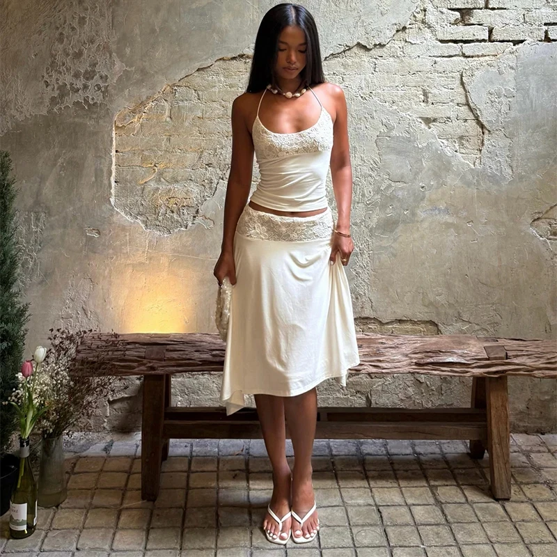 

BKQU Irregular Lace Splice Skirt Set Women Elegant Sexy Halter Backless Tank Top A-line Midi Skirt 2026 Summer Vacation Outfits