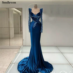 Smileven Blue Arabia saudyjska Mermaid suknie wieczorowe z długim rękawem frezowanie Crystal Velvet sukienka na studniówkę Modern Party Dress 2023