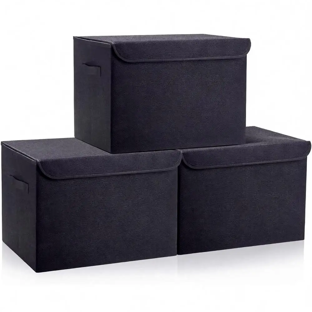 

17 Collapsible 42-Quart Storage Bins with Lids, 3-Pack, Fabric Linen Boxes for Closet Organization (16.7 x 12 x 12, Black)