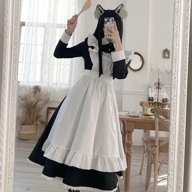 

Japanese Y2K Lolita Maid Dress Vintage Inspired Women Outfits Cosplay Anime Girl Black Long Sleeve Dress Harajuku Kawaii Set