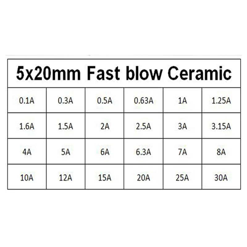 360PCS 24 Specifications, 15 Each, 5X20 Fuse Tube Boxed Ceramic Fuse 0.1A-30A