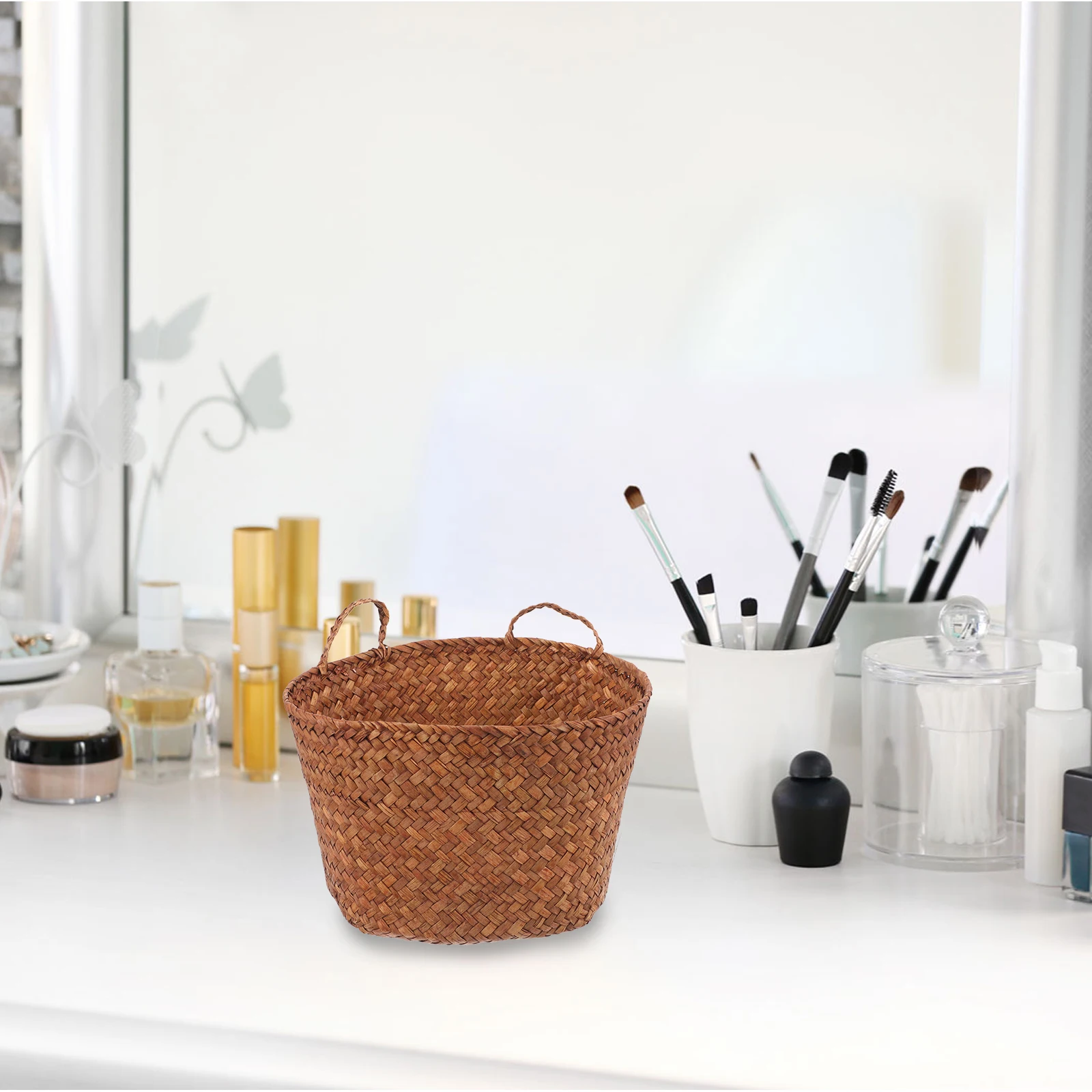 

Straw Storage Basket Woven Decorative Nursery Small with Cat Ears Handle Flowers