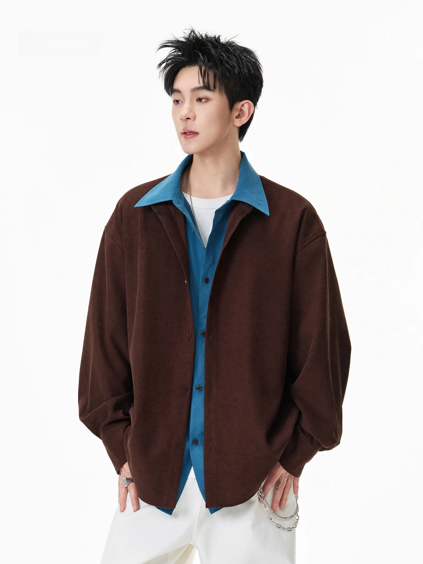 

Retro American Sle Men's Long Sve Faux Two-Piece Brued irt Casual CleanFit Breathable Polyester Fiber Spring Commute