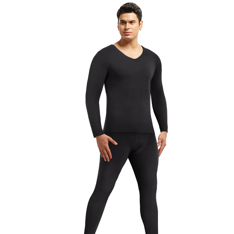 Mens V-neck Set of 2 Thermal Underwear Suit Long Johns Fleece Lined Keep Warm Undershirts Cold Weather Clinging Bottoming Shirts