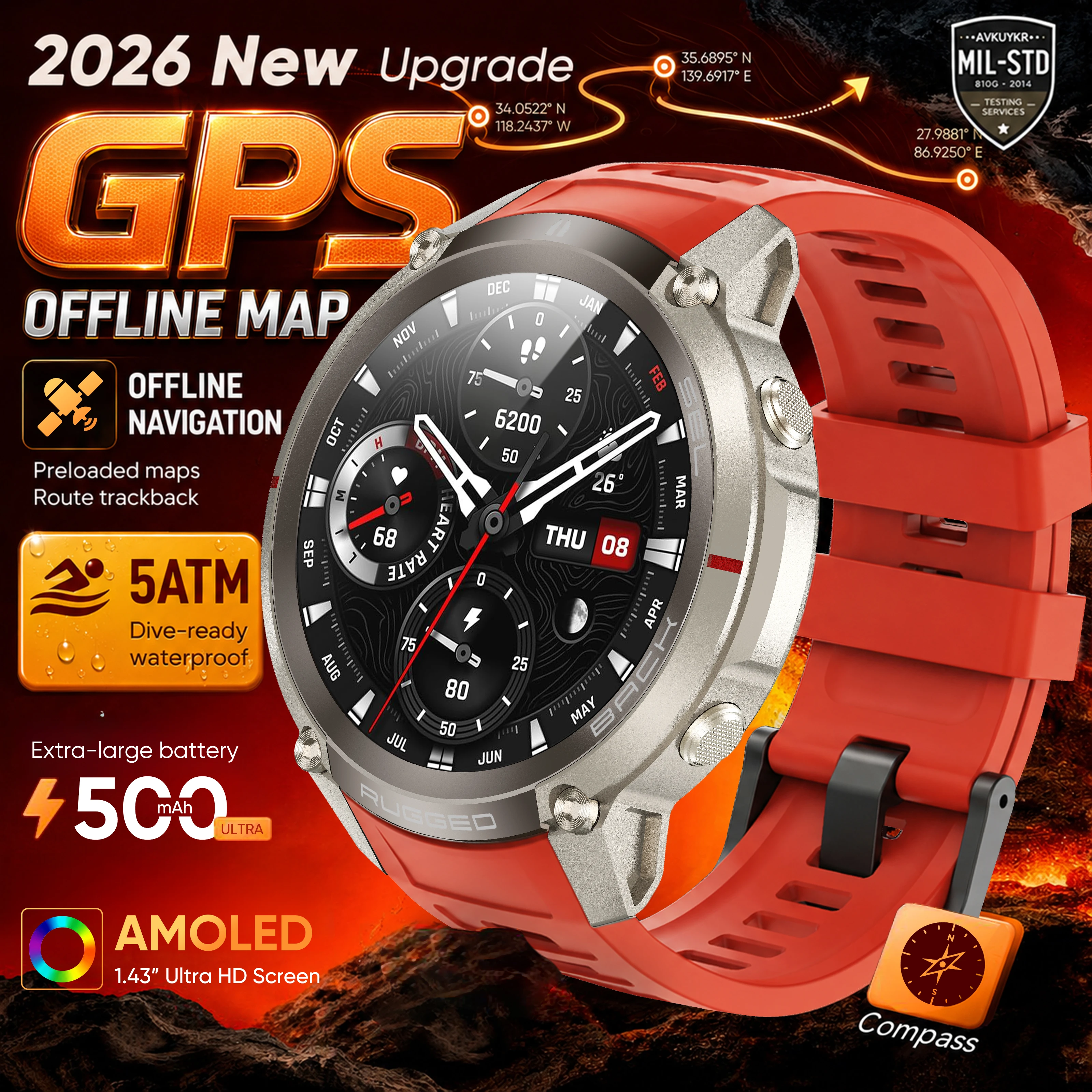 

2026 Newly Upgrade Offline Map Smart Watch GPS 5ATM Swim Waterproof Altitude Compass Bluetooth Call Heart Rate Sport Smartwatch