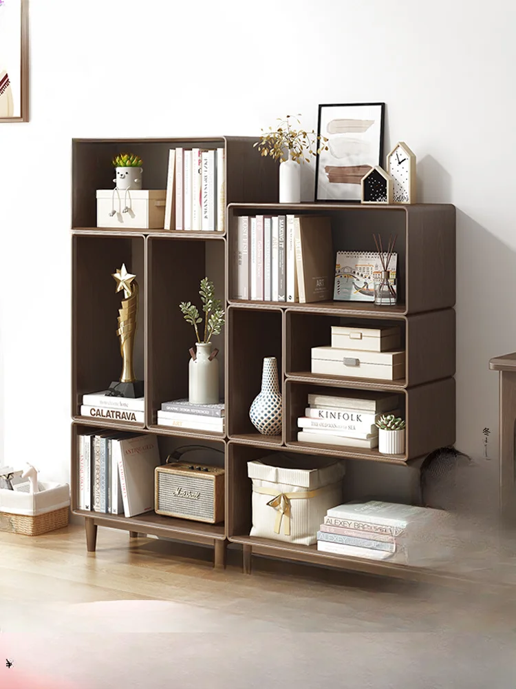 Simple solid wood bookcase Free combination lattice cabinet Locker Living room against the wall Floor shelf Locker Storage cabin