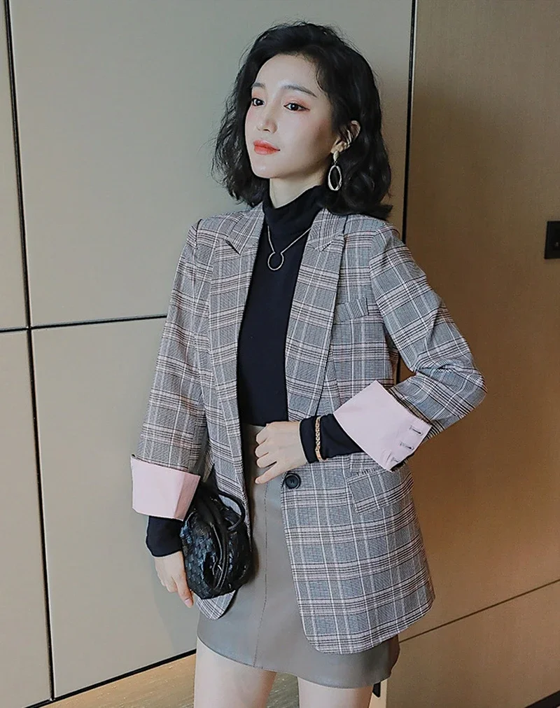 Women Vintage Chic Casual Blazer Work Clothing Grey Office Lady Long Sleeve Single Button Slim Suits England Style Plaid Blazers