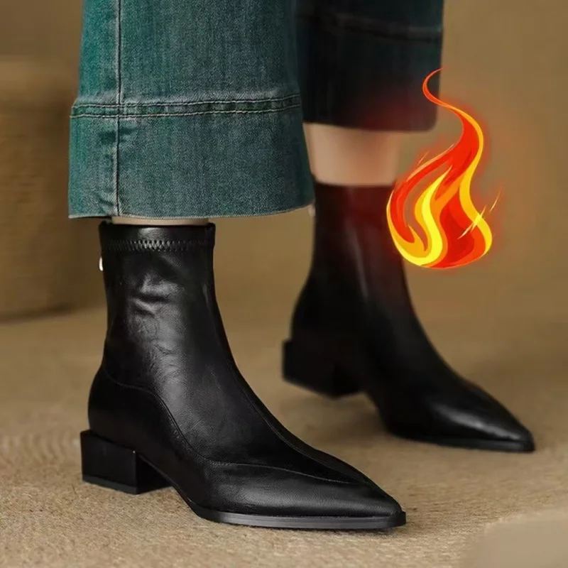 Sepatu Boots Wanita Ujung Lancip untuk Musim Gugur/Musim Dingin - Sepatu Boots Chelsea Hak Tebal Retro, Sepatu Boots untuk Kerja yang Cocok dengan Jeans