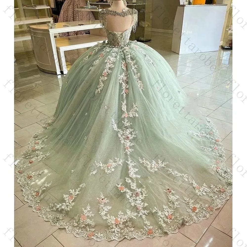 Customized Mint Green Floral Flower Girl Dress Short Sleeve Square Neck Ball Gown Long Tulle Lace Wedding Party Princess Dress