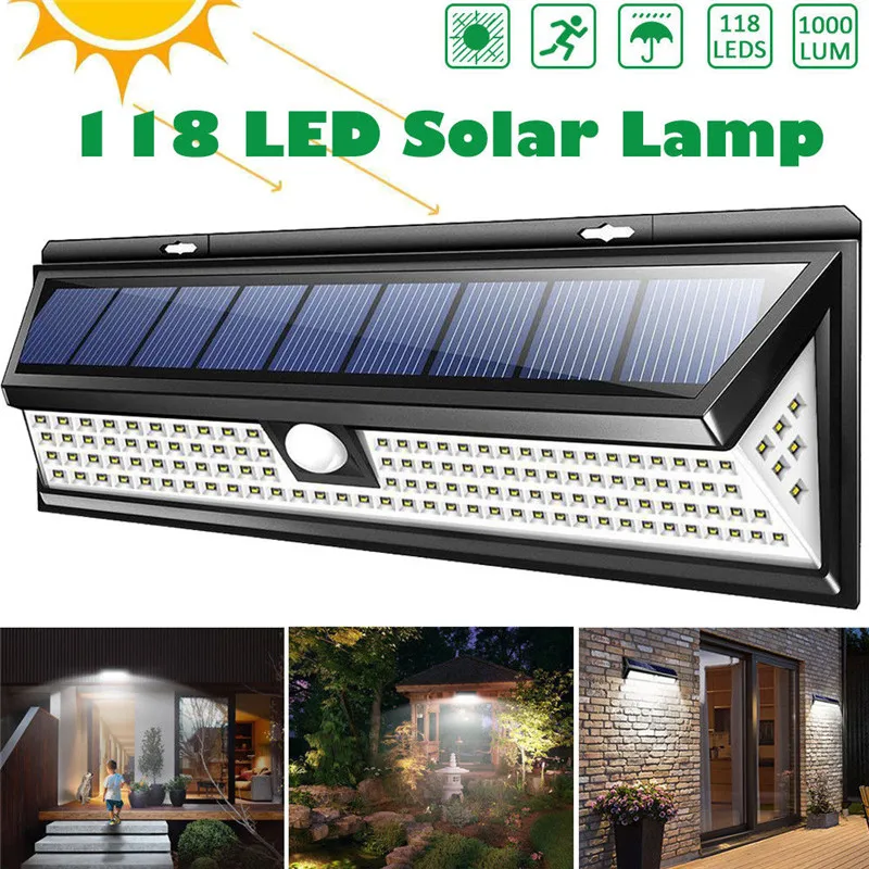 

118 LED 1000LM Waterproof PIR Motion Sensor Solar Garden Light Outdoor LED Solar Lamp 3 Modes Security Pool Door Solar Lighting