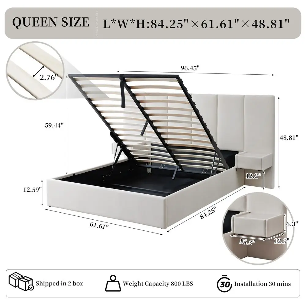 

Size holstered Platform Bed Frame with Lift Storage, Velvet Headboard amp Builtin Nightstands, No Box Spring Needed, Beige