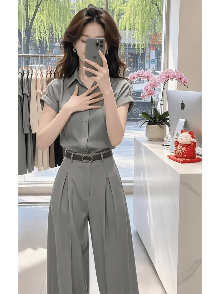 Unique Beautiful Small Set 2026 New Style Casual  Collar Short Sleeve Shirt High Waist Wide Leg Pants Women's Two-Piece Set view 2