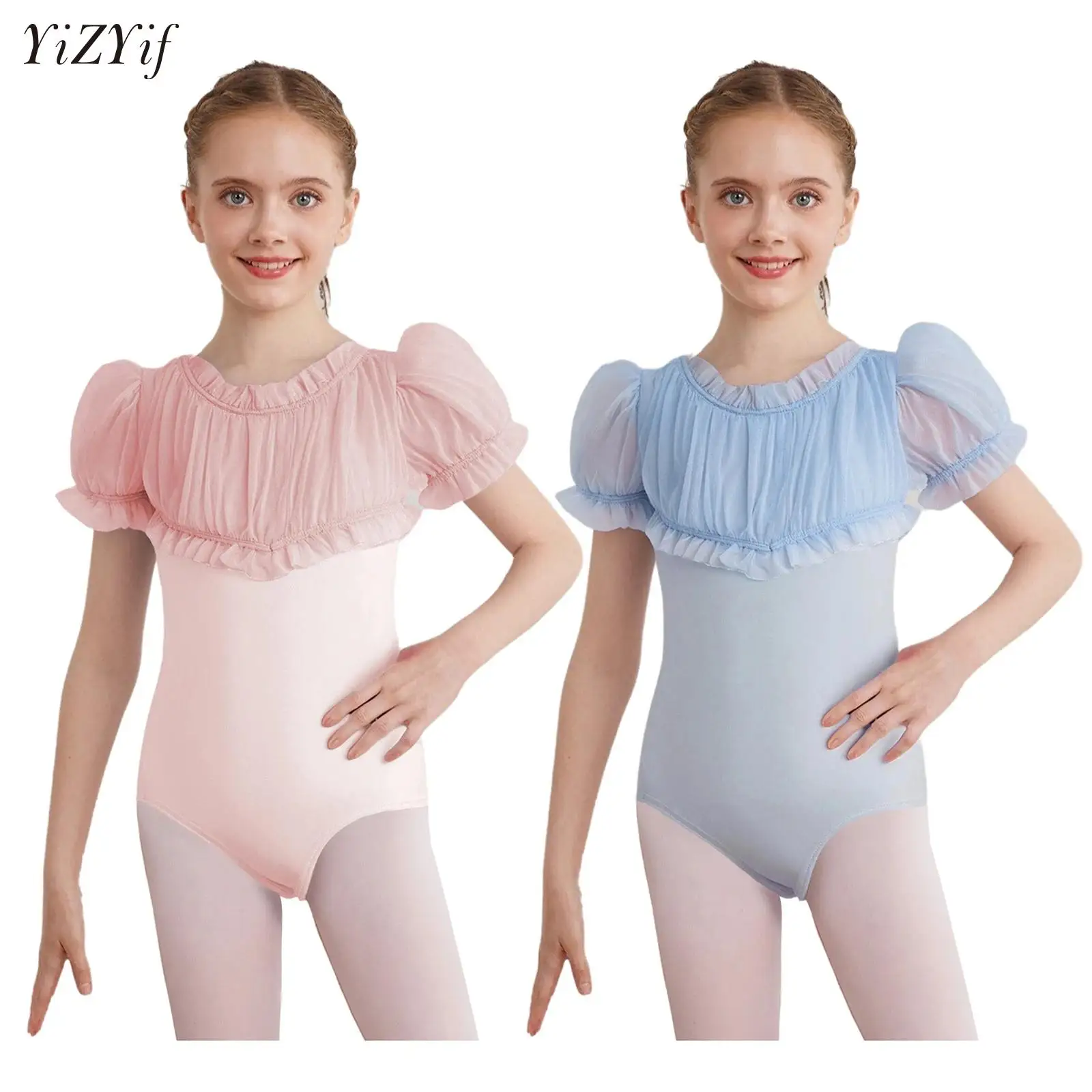 

Kids Girls Ruched Ballet Jumpsuit Gymnastics Leotard Figure Skating Dance Costume Mesh Bodysuit Class Training Dancewear