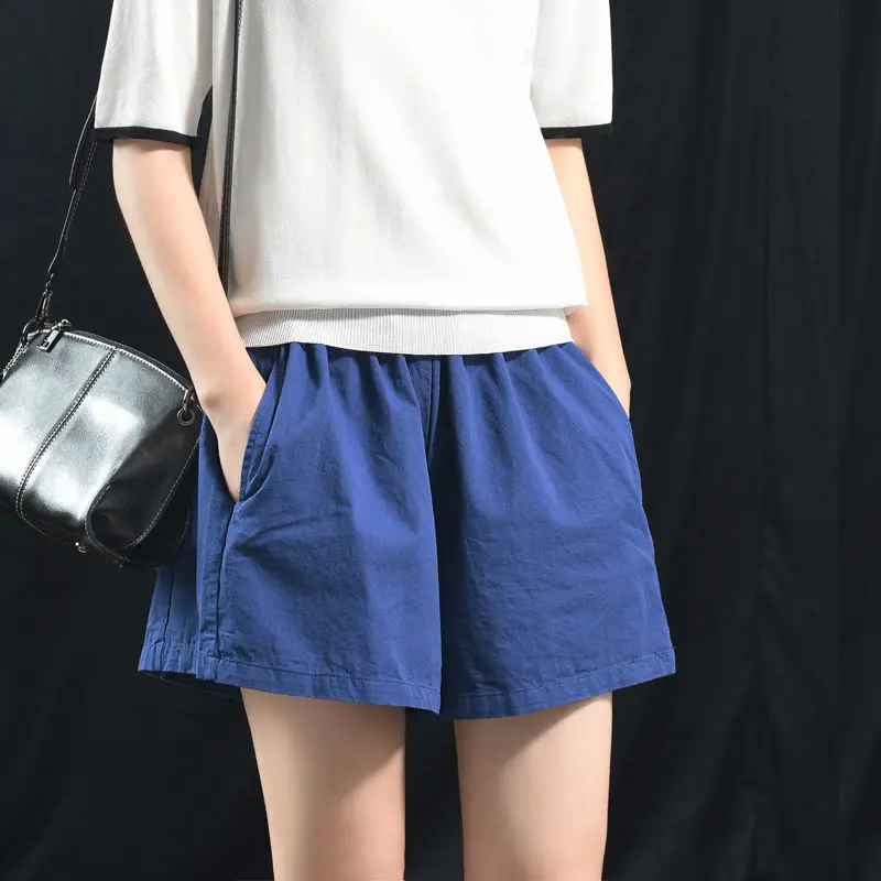 Vintage Elastic Waist Thin Shorts Summer Solid Pockets Patchwork Loose Simplicity Wide Leg Pants Fashion Casual Women Clothing