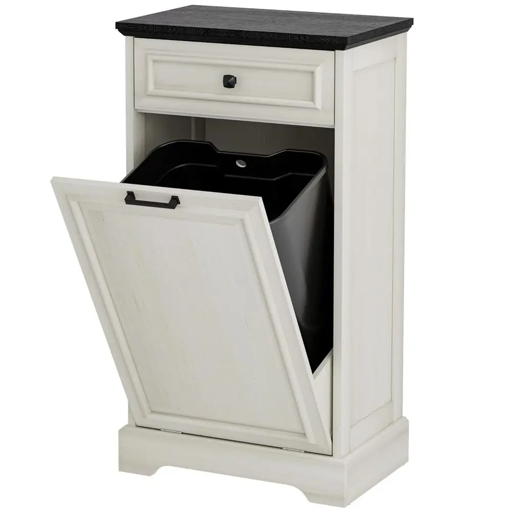 

Tilt-Out Trash Cabinet with Laundry Hamper, Pet-Proof Waste Bin for Kitchen and Living Room, Antique White & Black