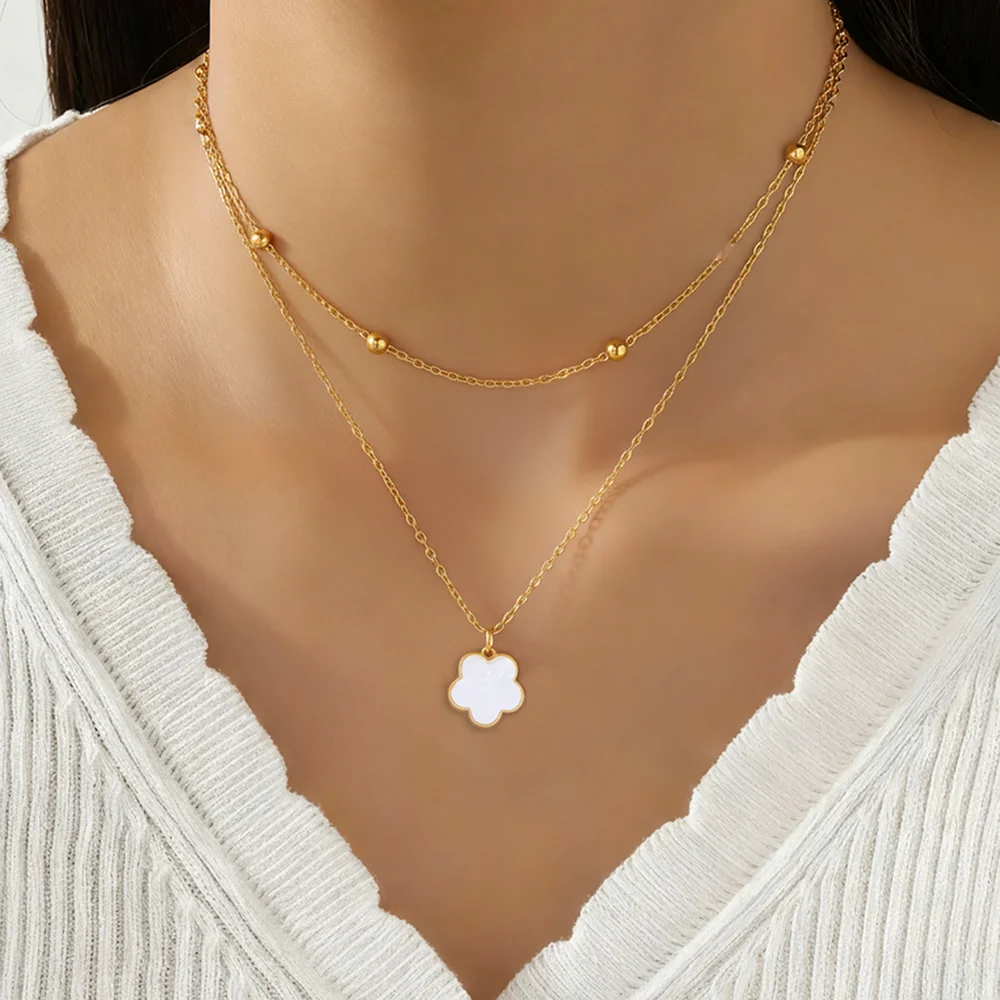 DGIDDK Stainless Steel Fritillary Five-Petalled Flower Pendant Double-Layer Necklace Women's Minimalist Fashion Collarbone Chain