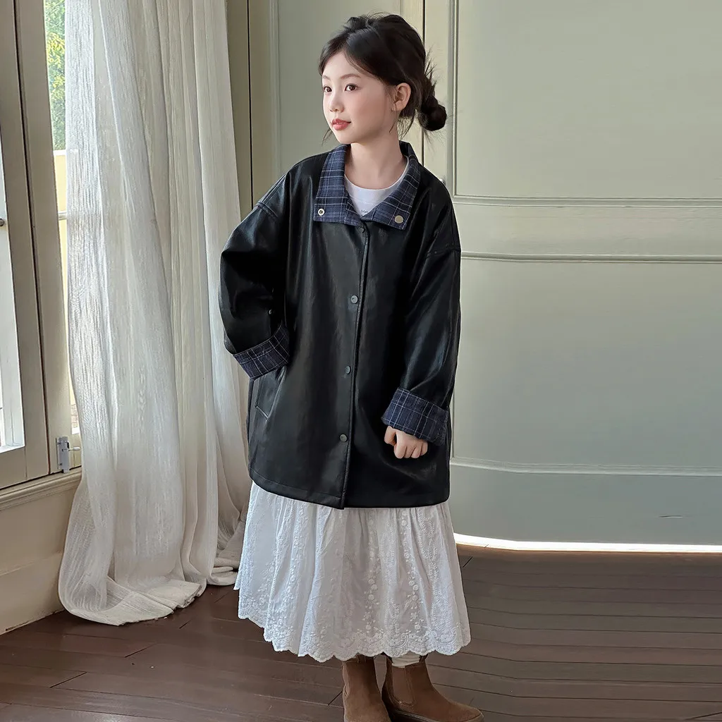 Cool Girls Long PU Leather Jacket Reversible Black Autumn Children Coat Warm