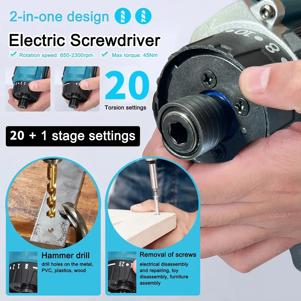 JAUHI 20+1 Torque 280N.m Brushless Electric Screwdriver Rechargeable Cordless Electric Drill Screw Driver for Makita 18v Battery