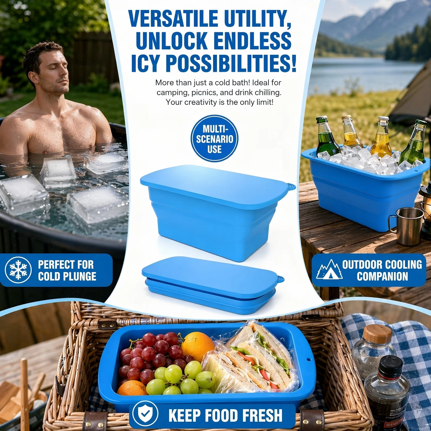 Foldable, Stackable Silicone Ice Cube Mould Ice Tray, Oversized For Ice Bath, Cold Soak Bath With Large Cover Plate