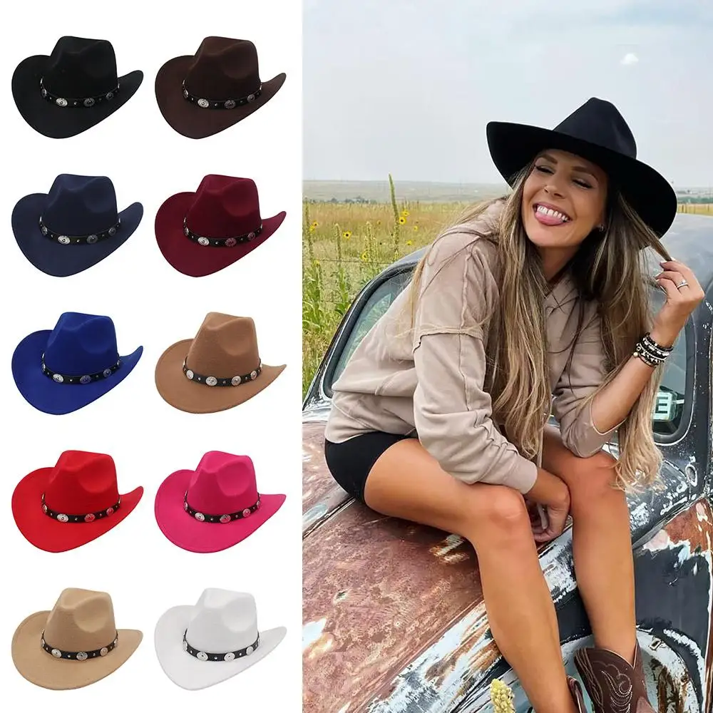 Vintage Upturned Brim Western Cowboy Hats Wide Brim Ethnic Style Fedoras Hat Felt Hat for Women & Men