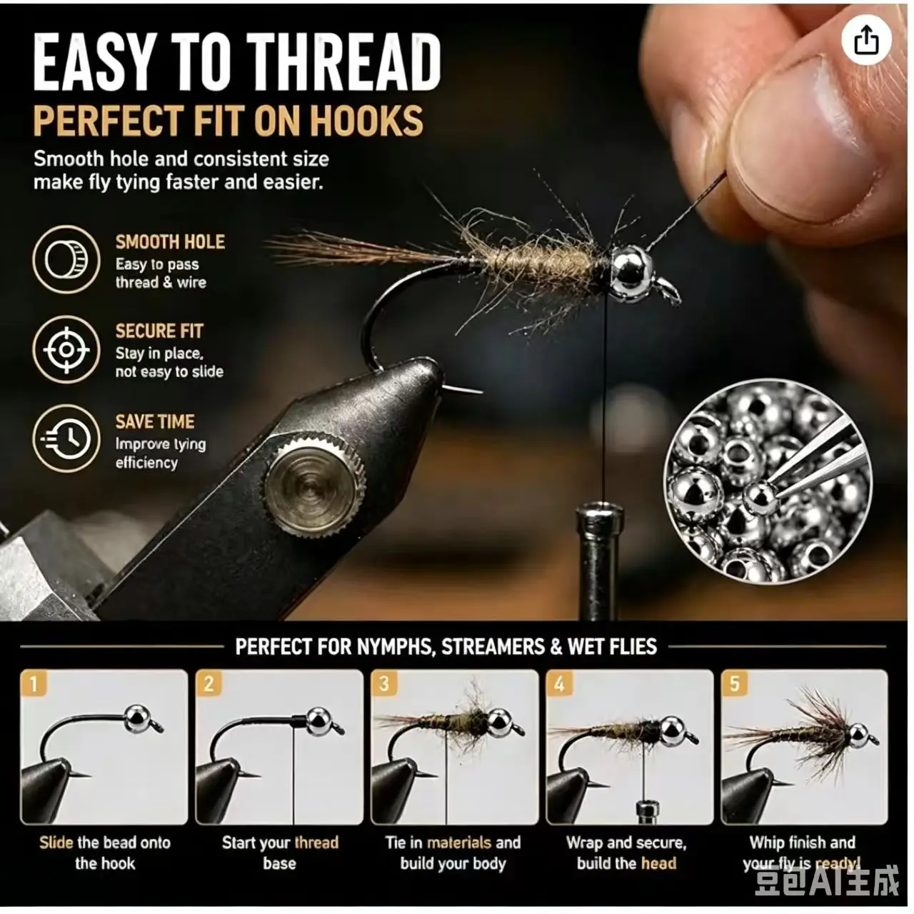 Elite TG 100 Stück 2,0-4,7mm 4 Farben Fliegenfischen Messingperlen Zyklopen-Nymphenkopf-Perlen Fliegenbindematerialien – Detail 4