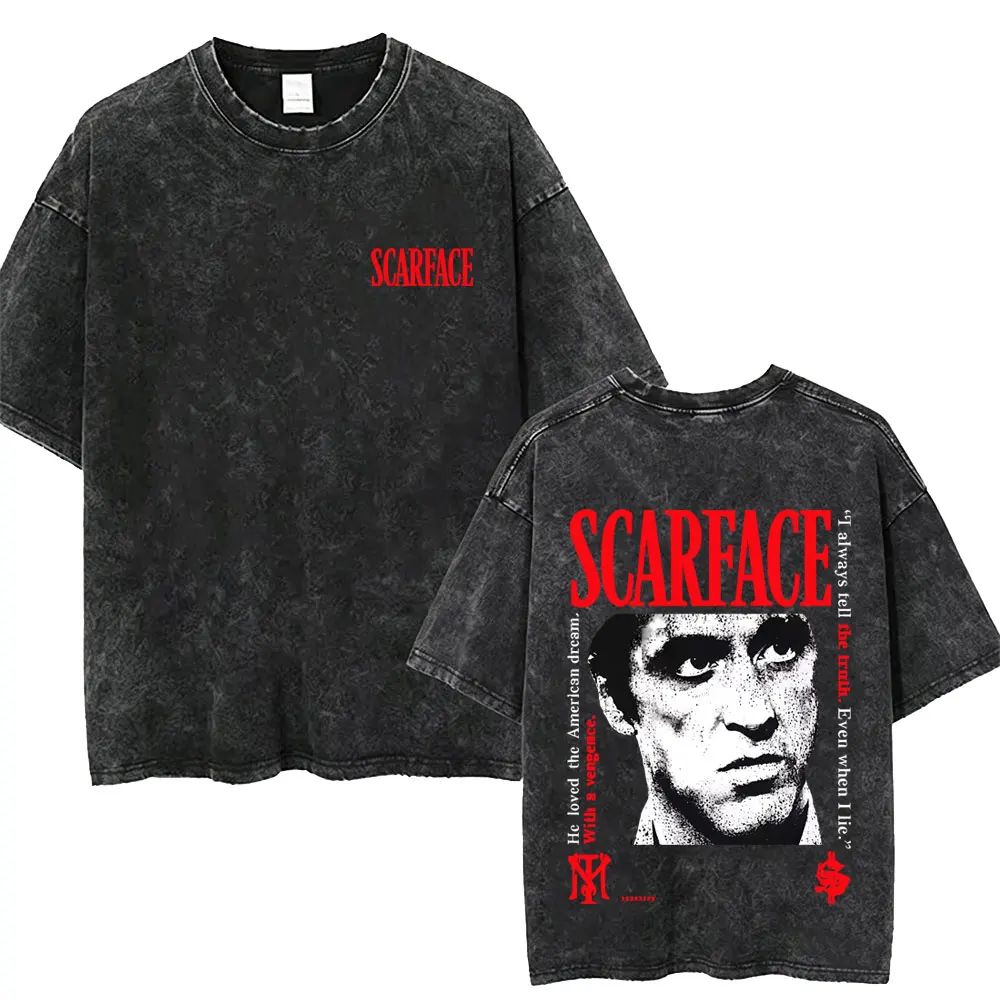 90s Classic Gangsters Movie Scarface Washed Vintage T-shirt Tony Montana Al Pacino Face Graphic T-shirts Men Oversized T Shirts