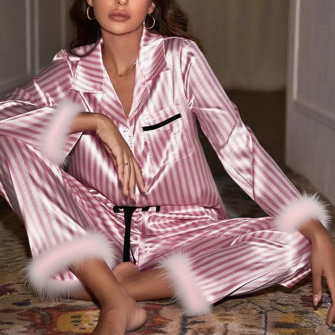 Women Pajama Set Polyester Pink White Stripe Lapel Long Sleeve Women Pajama Set Cuff Trouser Hem Fuzzy Trim Satin‑Like Loose