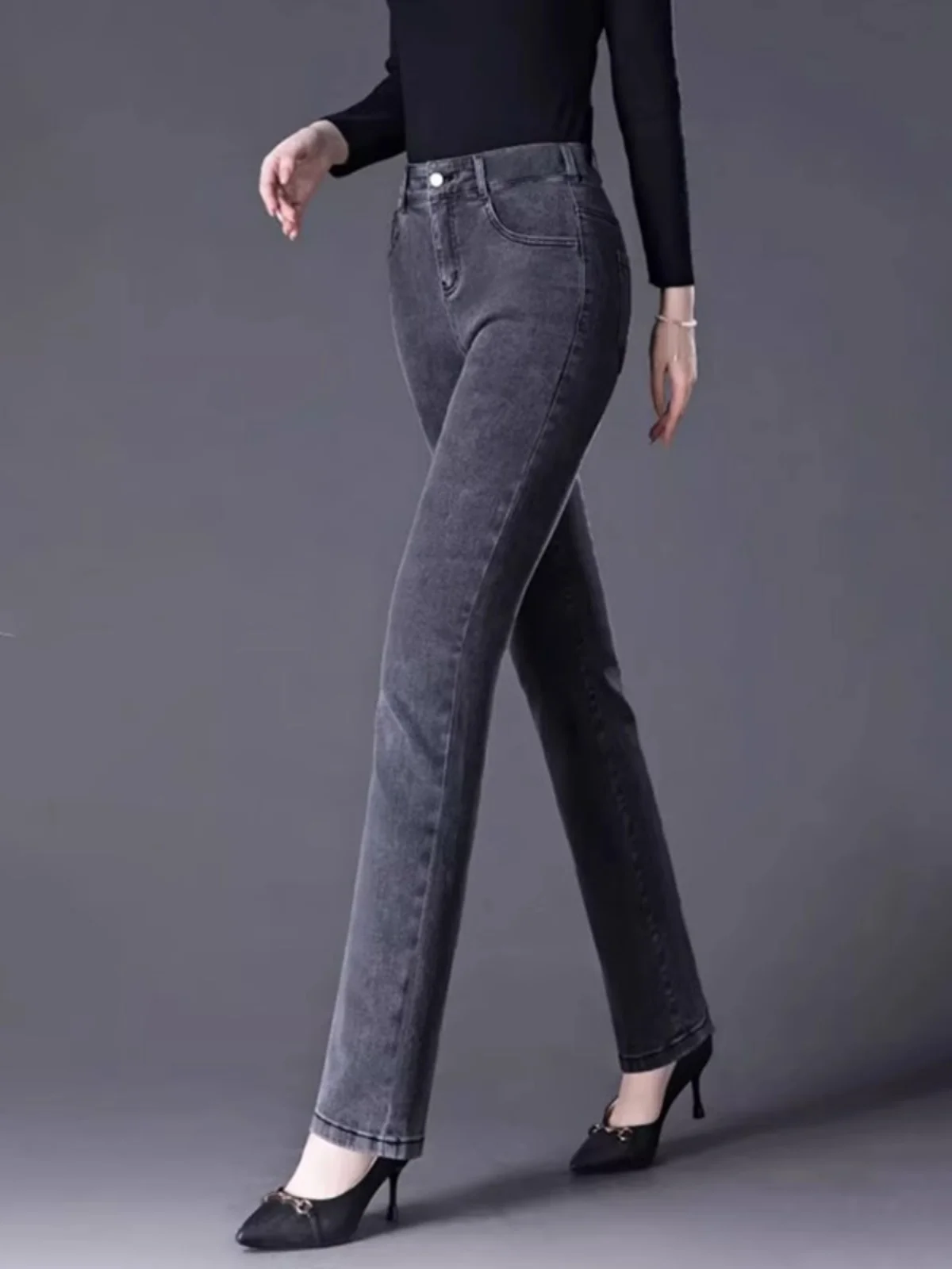 

Женские джинсы с высокой талией, прямые, эластичные, для женщин среднего возраста, черные, длинные брюки, облегающие, весна-осень, новинка