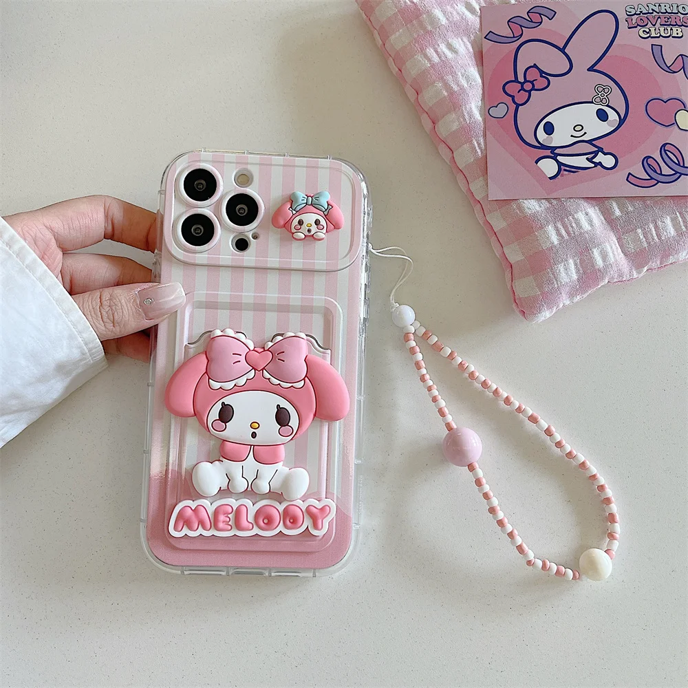 

Cute My Melody Stereoscopic Wallet Card Holder Phone Case For iPhone 13 14 15 16 Pro Max Lovely Soft Cover With Lanyard﻿