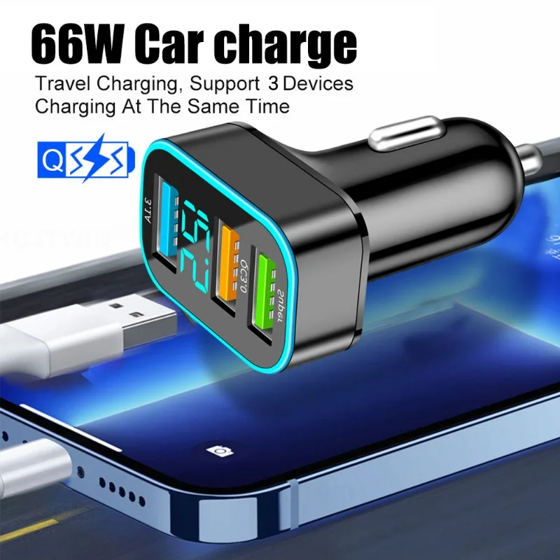 New 66W QC3.0 PD Car Charger 3-port Cigarette Lighter Car USB Fast Charging Power Adapter for IPhone 13 12 Xiaomi Samsung