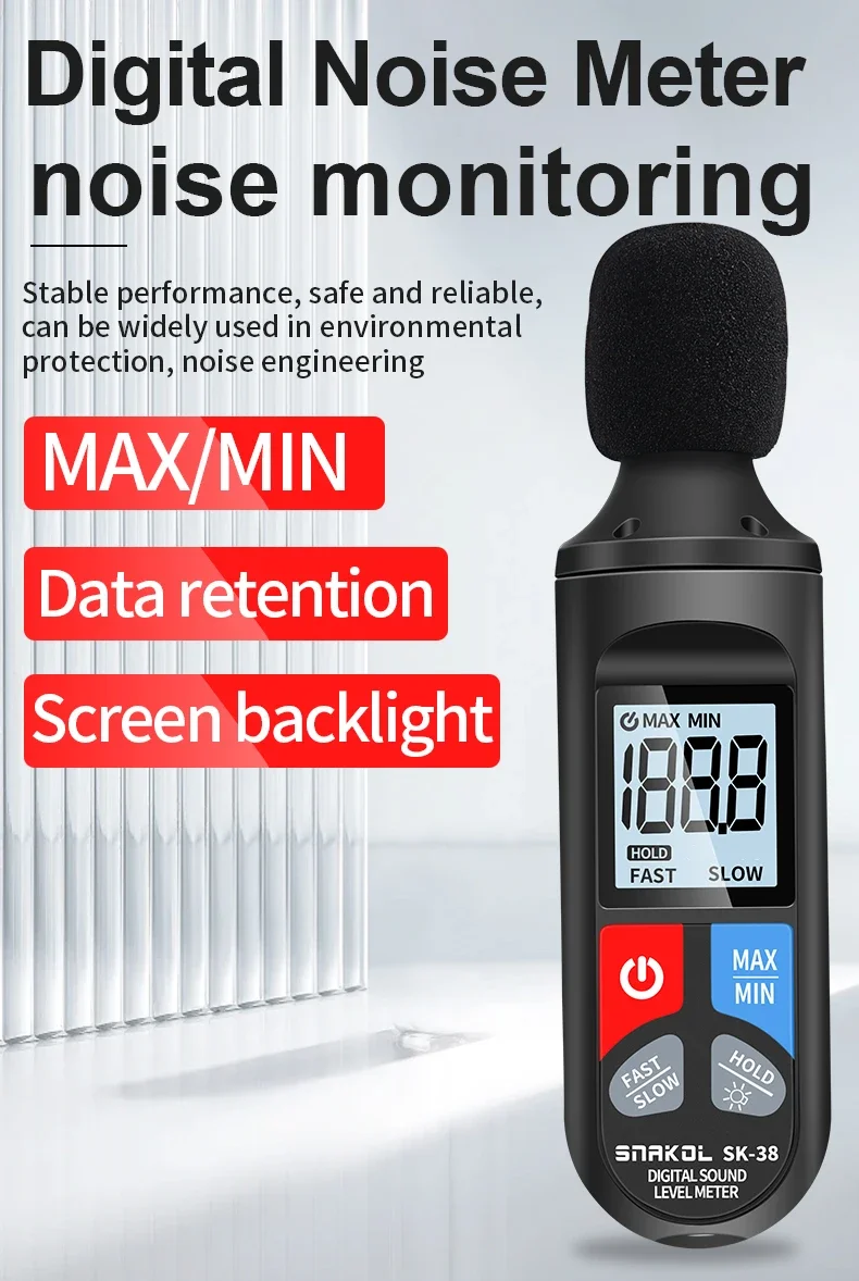 SNAKOL SK-38 Digitales Schallpegelmessgerät MAX/MIN Datenhaltefunktion Lärmmessgerät 30-130dB Dezibelmessgerät mit LCD-Anzeige für Werkstätten – Detail 1