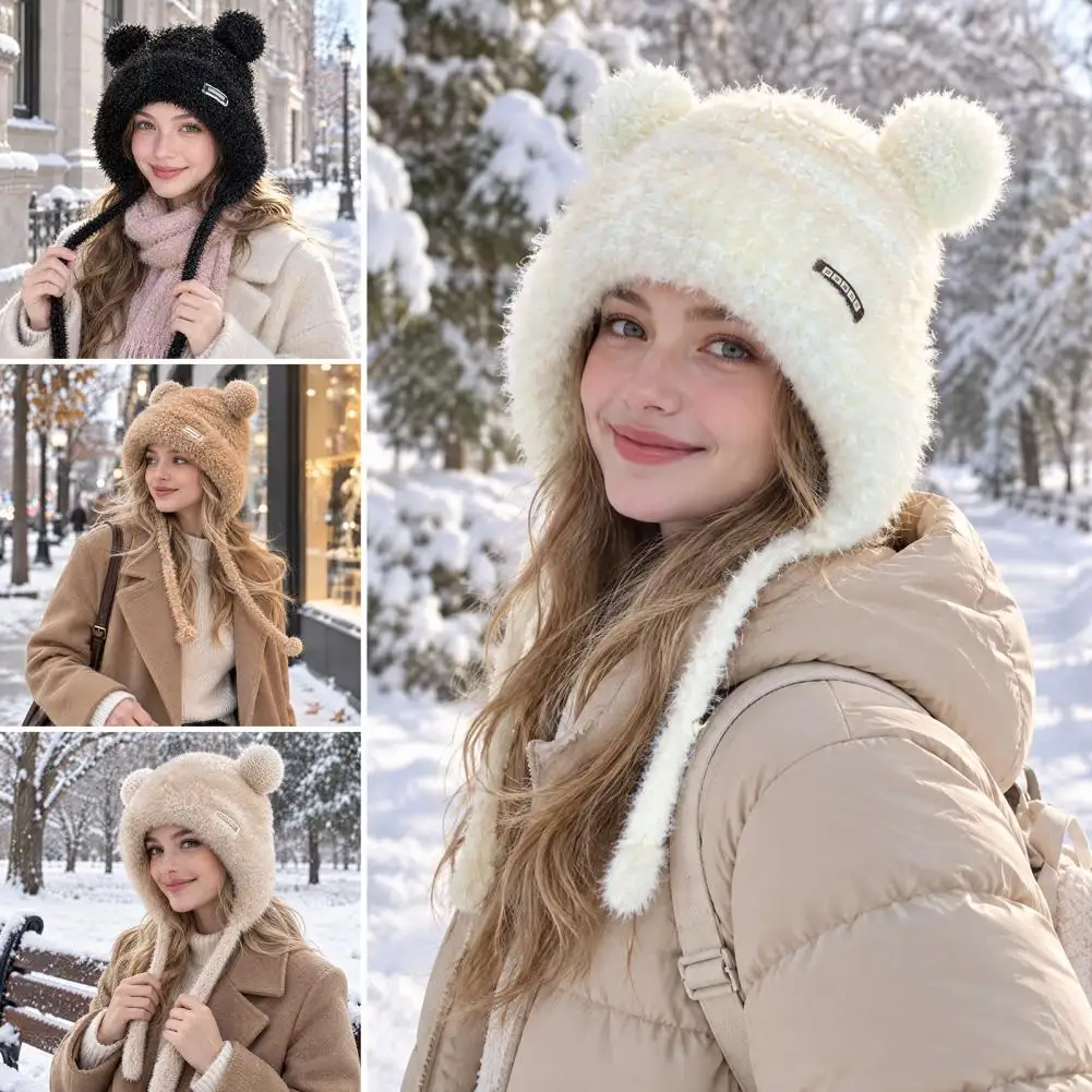 Winter Warm Knit Hat Winter Plush Knitted Hat for Women Elastic Thermal Cap with Bear Ears Soft Windproof Knit Warm for Women