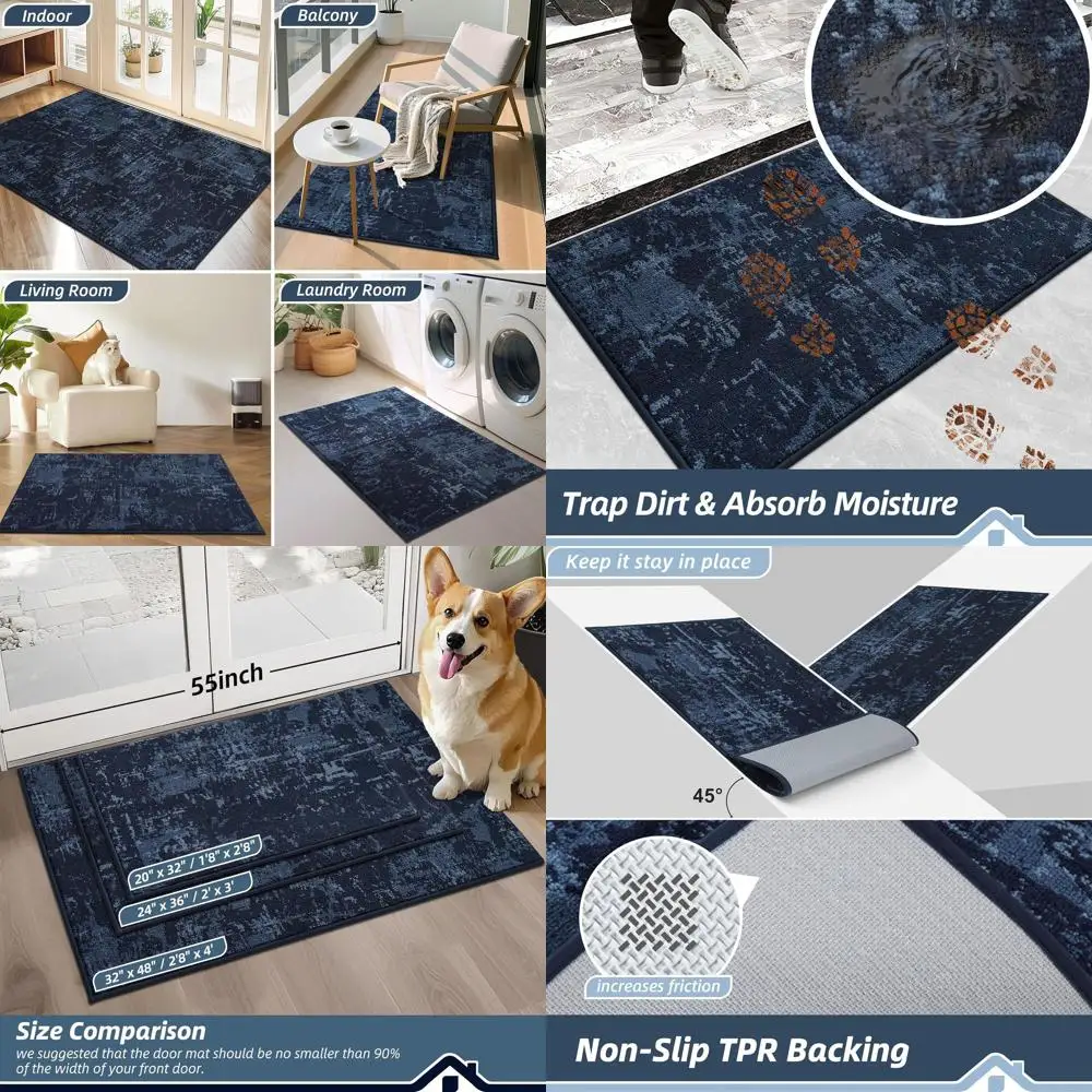 

32x48 Пятностойкий, нескользящий дверной коврик — синий, моющийся входной коврик для собак, впитывающий коврик для обуви и лап
