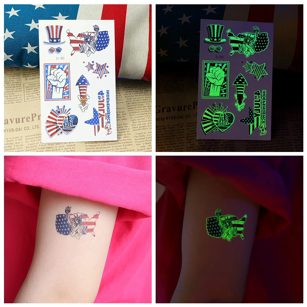 Veecharm-4 DE JULIO bandera de Estados Unidos día conmemorativo, pegatina de tatuaje temporal luminosa, suministros de fiesta rojo, blanco y azul, 1/6 hojas