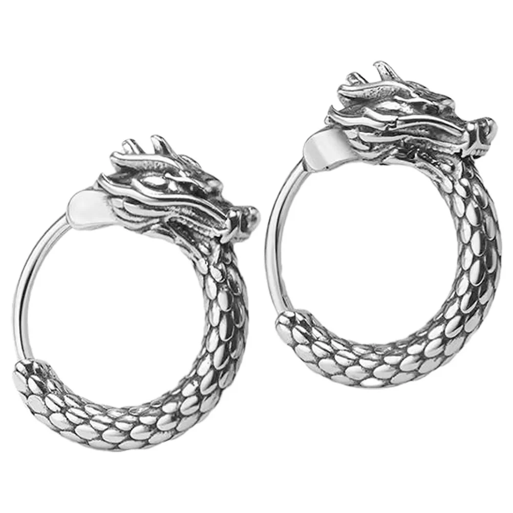 Dragon Pattern Earrings Dangle Minimalist Silver Plated Copper Cool for Men Male