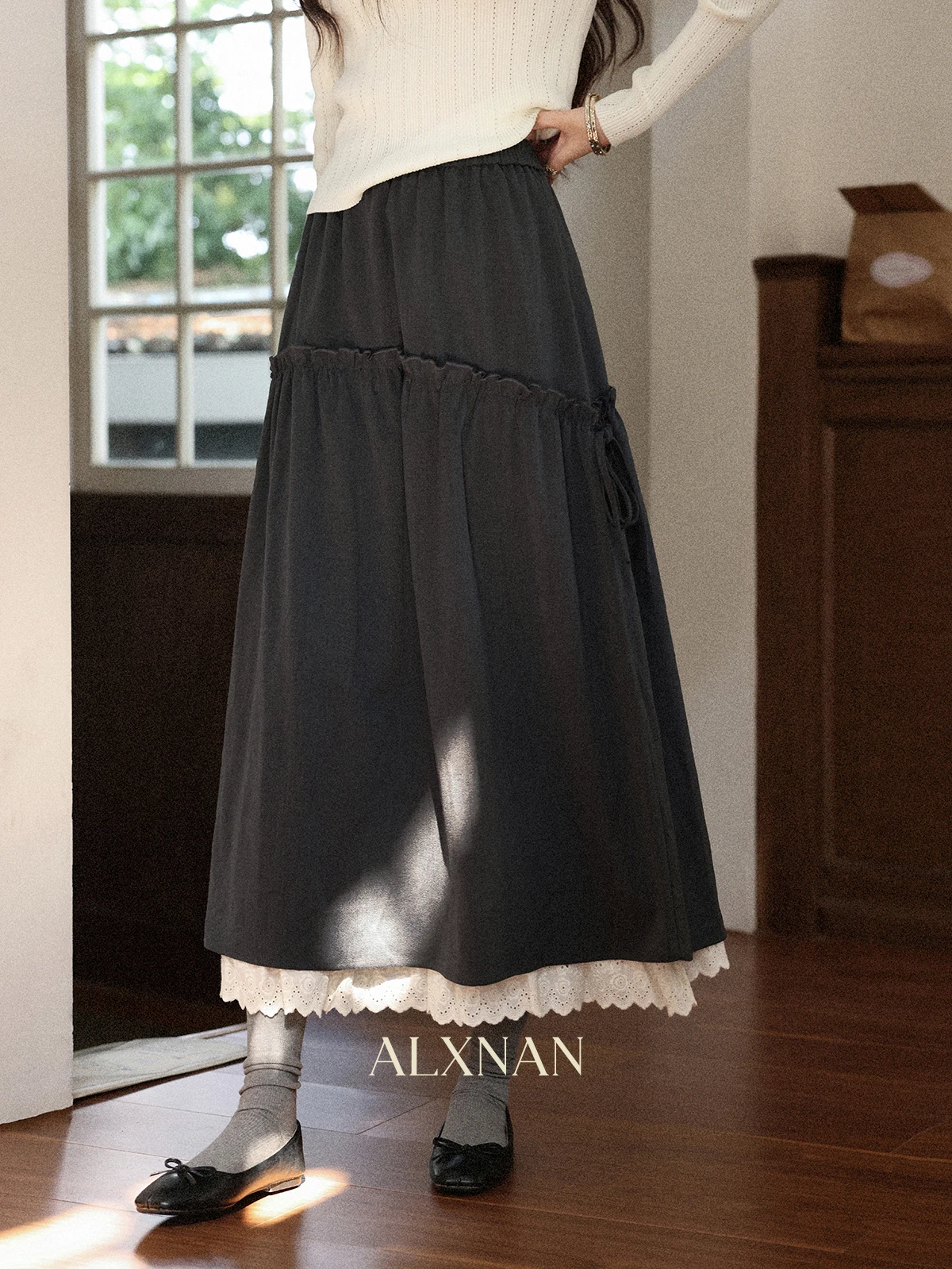 

ay High Waist A-Line f Skirt Women's Faion Casual Lace Trim Midi Skirt Autumn New Sle Small Size Floral Long Dr