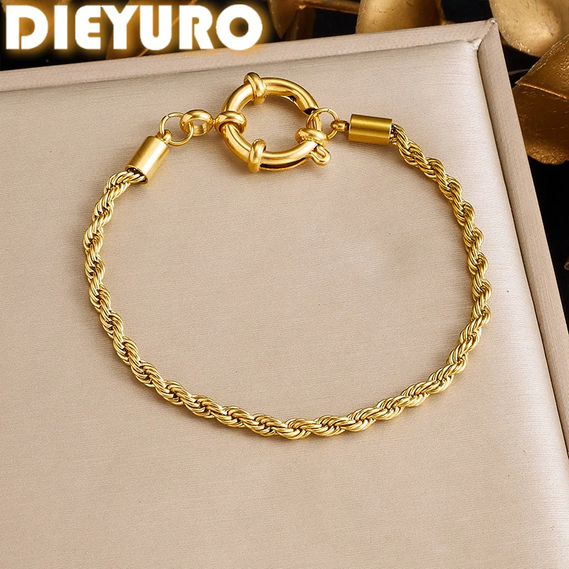 DIEYURO 316L Stainless Steel Golden Fried Dough Twist Spring Buckle Penddant Bracelet Lady New Fashion Hand Chain Jewelry Gift
