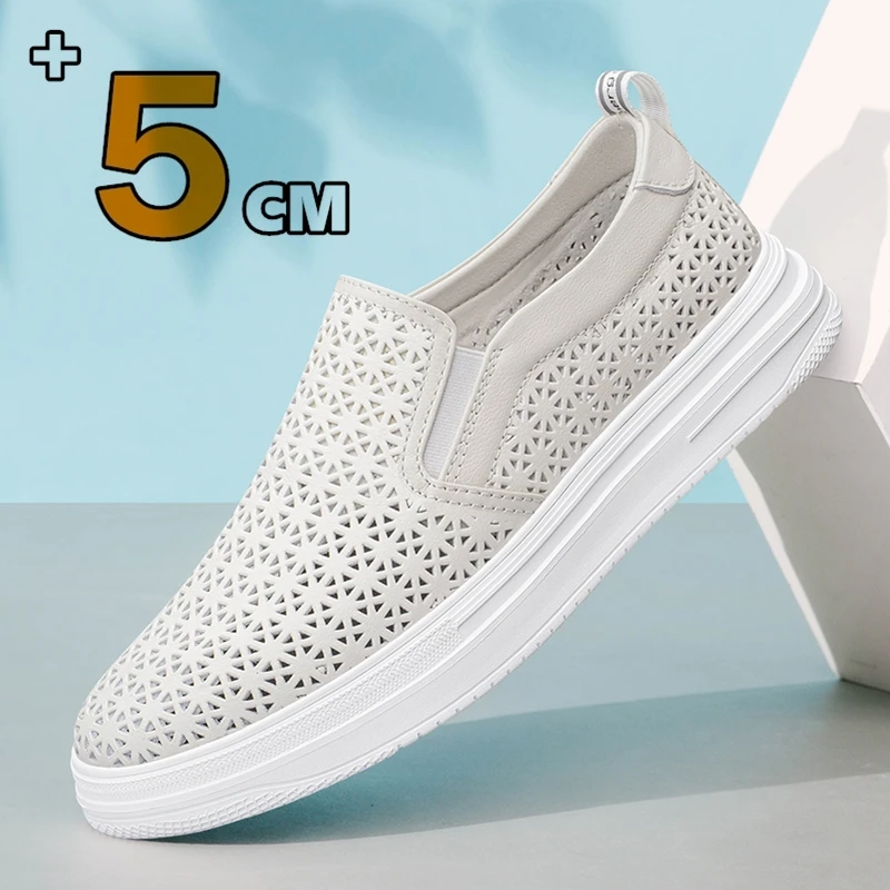 Mocasines informales de cuero de vaca suave para hombre, zapatos altos con aumento de altura, 5cm, primavera y verano