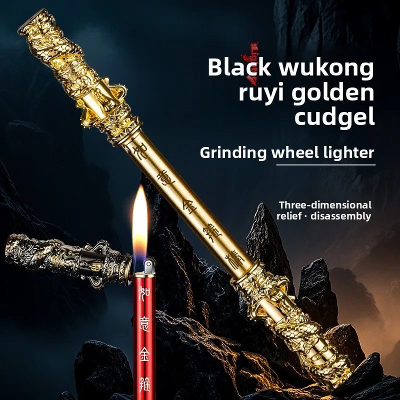 Black Wukong Ruyi Gold Hoop Butane Gas Lighter Creative Double Section Stick Grinding Wheel Funny Monkey King Lighters Smoking