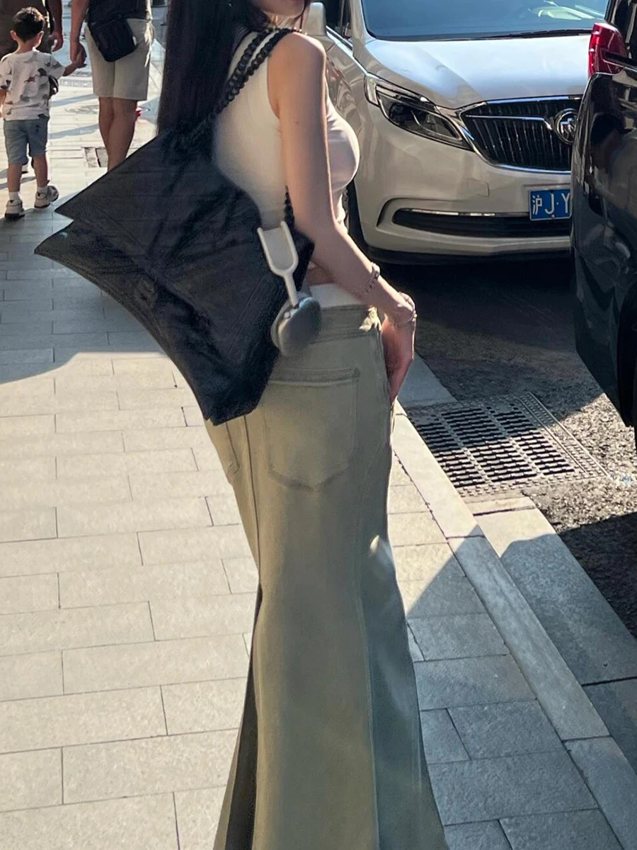 PBAP Sólido Lavagem Denim Maxi Saia Mulheres Cintura Alta Ponto Bolsos Fazer Velho Split Sereia Saia Jeans Longa Verão Vintage Streetwear