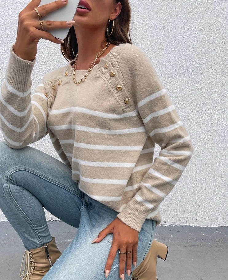 

Autumn Sweater Fashion Splicing Striped Knitwear Hoodie Shoulder Buckle Sweater Temperament Commuter Casual Sweater for Women