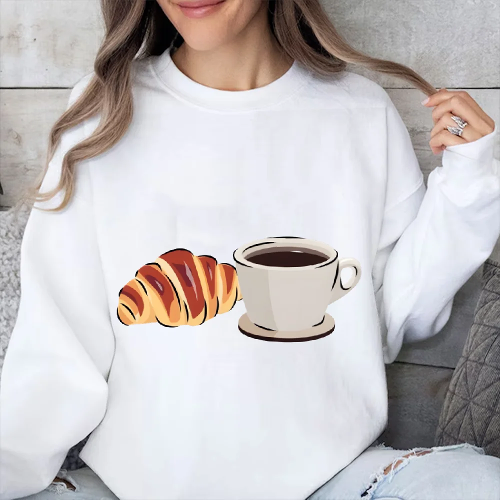 

Sweatshirt Croissant Coffee Graphic Oversize Sweatshirt Soft Casual Wear Trendy Food Art Design Warm Relaxed Y2k Style Clothes