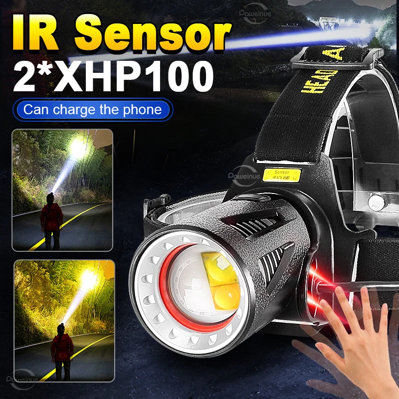 Newest Upgrade 2*XHP100 Headlamp Sensor Rechargeable LED Headlight Most Powerful Head Flashlight Zoom Head Lamps Fishing Lantern