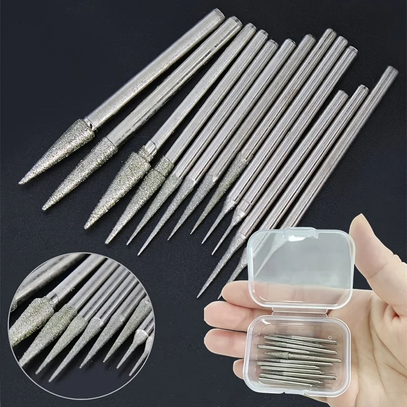 11pcs, 0.5mm-4mm Diamond Grinding Head Needle Bits Burrs Engraving Carving Tool Set, Handle Diameter 2.35mm