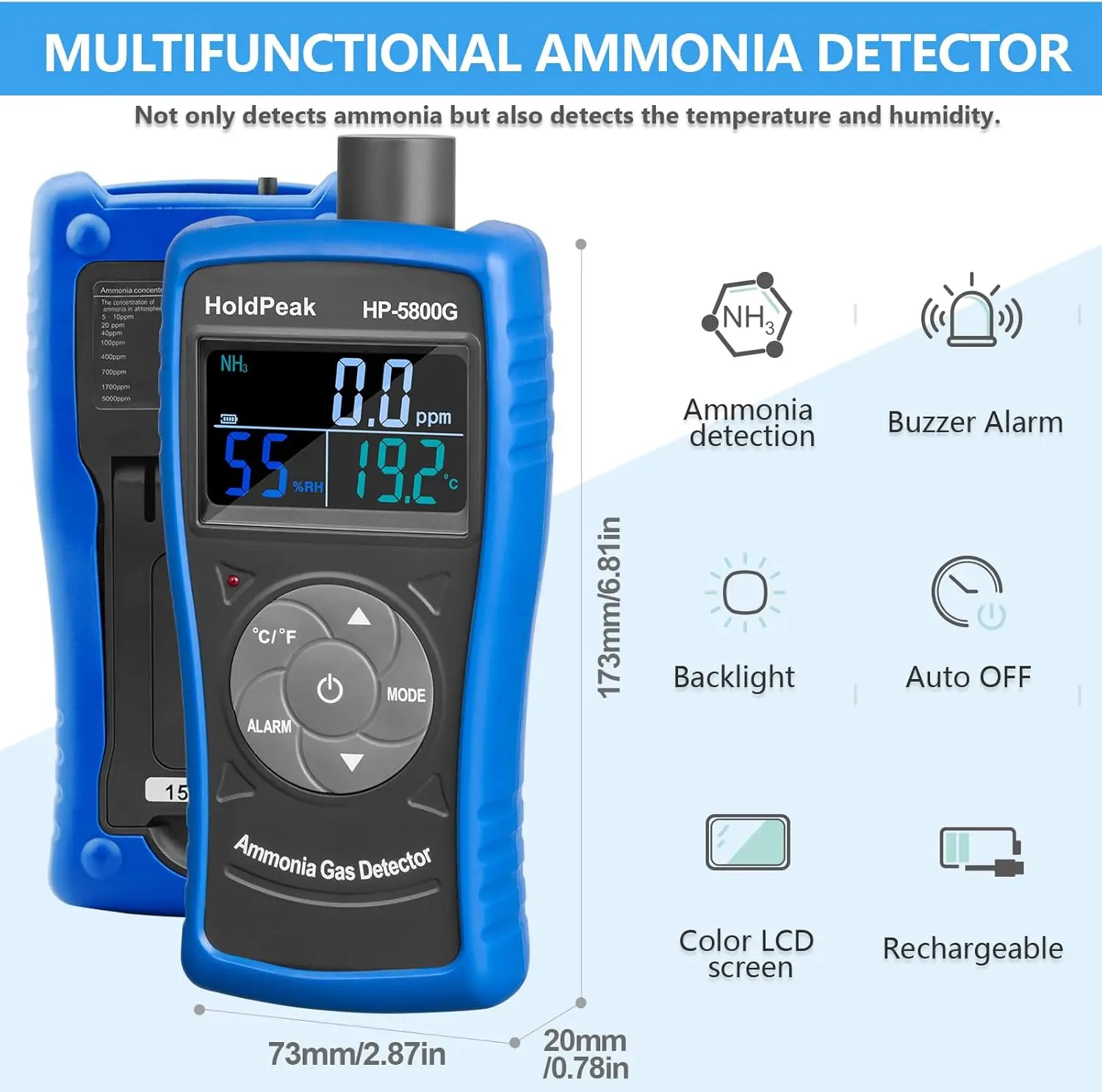 Detector de gas amoniaco HP-5800G, monitor 0~100 PPM NH3, medidor profesional de detector de partículas con temperatura( ℉ / ℃ ), Humedad